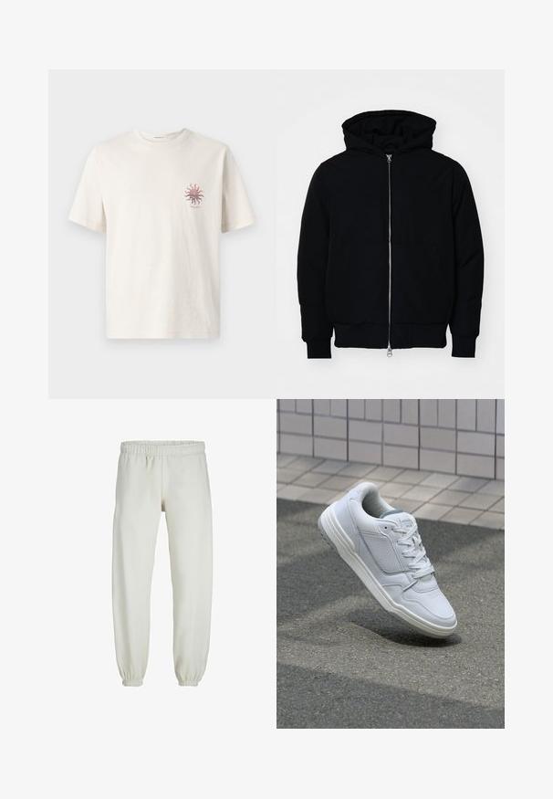 Čierna kapucňová bunda s predným zipsom, klokaními vreckami, rebrovanými manžetami a lemom, zobrazená na bielom pozadí.; Krémové bavlnené tričko s krátkymi rukávmi, so žltou slnečnicou na ľavej strane hrude. Štandardný dizajn s okrúhlym výstrihom.; Biele teplákové nohavice vyrobené z mäkkej textílie, s elastickým pásom a manžetami, s hladkým povrchom a voľným strihom.; Biele kožené tenisky s perforovanými stranami, textúrovanými akcentmi, plochými šnúrkami a kontrastnou sivou pätou. Majú mierne zvýšenú podrážku.