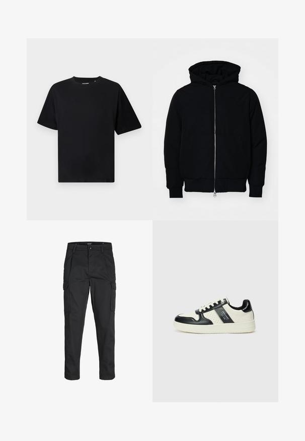 Sort hættejakke med frontlynlås, kængurulomme, ribbede manchetter og kant, præsenteret på en ensfarvet hvid baggrund.; Sort kortærmet T-shirt med crew neck og afslappet pasform, vist på en hvid baggrund.; Sorte cargo-bukser lavet af slidstærkt stof, der har flere lommer, en knaplukning og et slim fit design med smalle ben.; Lædersneakers i sort og creme farveskema, med perforerede detaljer, en polstret krave og en struktureret ydersål.