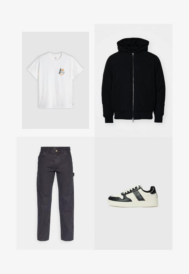 Svart hettejakke med frontglidelås, kengurulomme, ribbestrikket mansjetter og søm, vist på en ensfarget hvit bakgrunn.; Levi's® RELAXED FIT TEE - T-shirts med print - bright white; Mørkegrå cargo bukser laget av slitesterkt stoff, med rett benklipp, fem lommer og knapplukking i livet.; Lædersneakers med sort og creme farveskema, der har perforerede detaljer, en polstret krave og en struktureret ydersål.