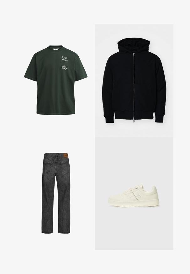 Black hooded jacket with front zipper, kangaroo pocket, ribbed cuffs, and hem, displayed on a plain white background.; Dark green cotton T-shirt with short sleeves, round neck, and white printed text, featuring a relaxed fit and no visible embellishments.; Black denim jeans with a straight leg design, five-pocket style, and a brown leather patch at the waistband. Textured fabric with stitching details.; Cream-colored sneaker with perforated detailing, laces, and logo on the side, displayed against a plain white background.