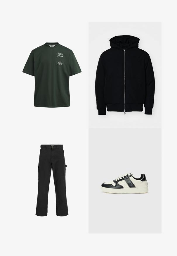 Črna kapuca jakna s sprednjim zadrgo, kenguru žepom, rebrastimi manšetami in hemom, razstavljena na enostavni beli ozadju.; Temnozelena bombažna majica s kratkimi rokavi, okroglo ovratnikom in belim tiskanjem, ki ima sproščen kroj in brez vidnih okraskov.; Črne cargo hlače iz mešanice bombaža. Imajo široke noge, sprednje diagonalne žepke in stranski žep z zanko za dodatke.; Usnjeni športni čevlji z črno in krem barvno shemo, ki vključujejo perforirane dodatke, podložen ovratnik in strukturirano podplat.
