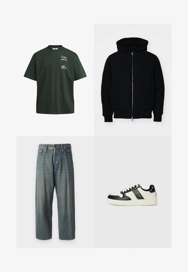 Fekete kapucnis dzseki elülső cipzárral, kenguruzsebbel, bordázott mandzsettákkal és aba, egy sima fehér háttér előtt.; Sötétzöld pamut póló rövid ujjakkal, kerek nyakkal és fehér nyomott szöveggel, laza fazonban és látható díszítések nélkül.; Világoskék farmernadrág, laza fazonnal, közepes derékbőséggel és egyenes szárral. Öt zsebet, övbucskát és gombos záródást tartalmaz.; Fekete és krém színű bőrsneaker, perforált díszítésekkel, párnázott bokapánttal és texturált talppal.