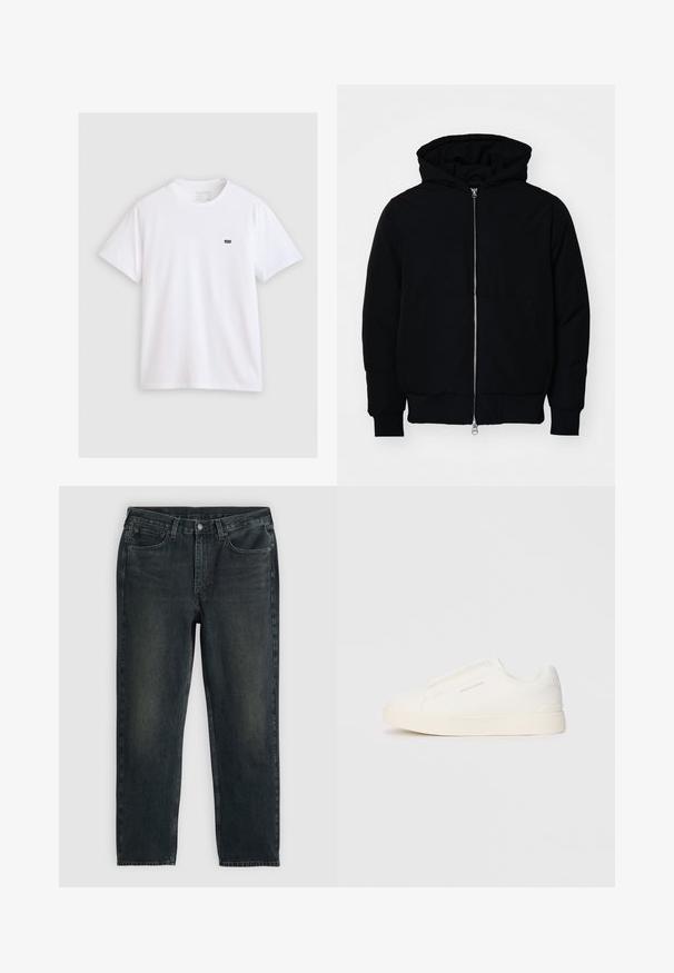 Melna kapucēta jaka ar priekšējo rāvējslēdzēju, kenguru kabatu, ribinātām aprocēm un apakšmalu, parādīta uz vienkārša balta fona.; Balts kokvilnas T-krekls ar īsām piedurknēm un apaļu kakla izgriezumu, ar nelielu melnu Levi's logotipu kreisajā krūtīs.; Tumši zili džinsi ar taisnu kāju griezumu, ar piecām kabatām, rāvējslēdzēju un kontrastējošām diegvīlēm. Auduma viegla izbalēšana.; Baltas slip-on sporta apavi ar teksturētu virsmu, biezu zoli un minimālistisku dizainu. Sānos redzams zīmola logotips.