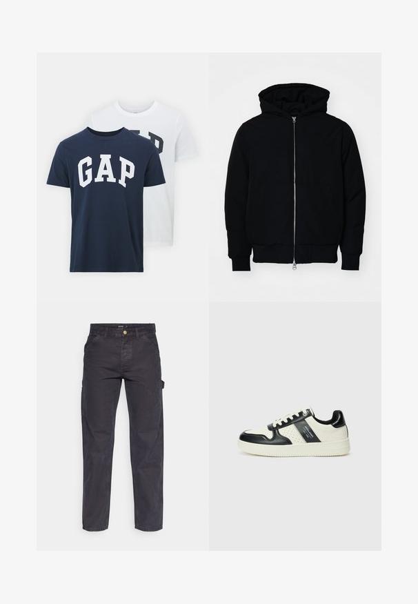 Juodas gobtuvėlis su priekiniu užtrauktuku, kengūros tipo kišene, lygiais rankogaliais ir apvadu, pateiktas ant vientiso balto fono.; Du švarkai iš GAP; vienas tamsiai mėlynas su balta "GAP" logotipu, kitas baltas su tamsiai žaliu "GAP" logotipu. Pagaminti iš medvilnės, su apvalia iškirpte.; Tamsiai pilkos krovininės kelnės, pagamintos iš patvarios medžiagos, su tiesaus kirpimo, penkiomis kišenėmis ir mygtukiniu užtrauktuku liemens srityje.; Odiniai sportbačiai juodos ir kreminės spalvų schemoje, su perforuotais akcentais, paminkštinta apykakle ir tekstūruotu padu.