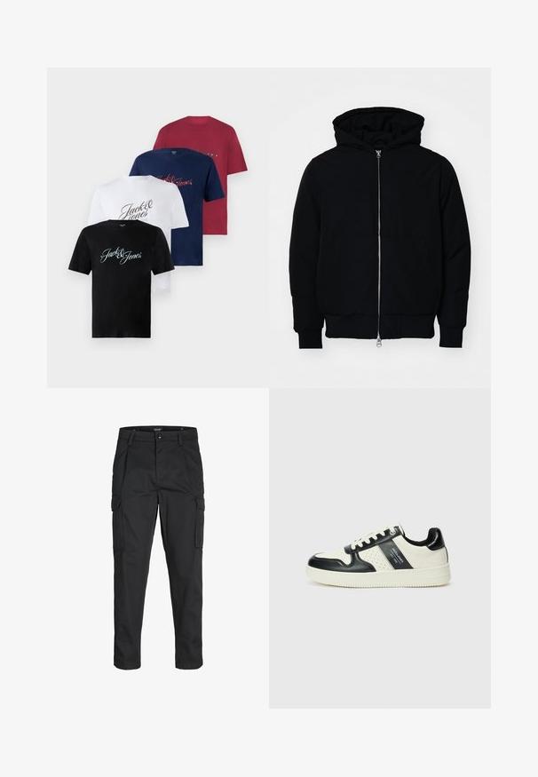 Czarna kurtka z kapturem, z suwakiem z przodu, kieszenią kangurką, ściągaczami przy mankietach i dolnym brzegu, prezentowana na jednolitym białym tle.; Cztery koszulki bawełniane z krótkim rękawem w kolorach czarnym, białym, granatowym i burgundowym. Każda z nich ma na przodzie nadruk "Jack & Jones" w różnych stylach czcionek.; Czarne spodnie cargo wykonane z wytrzymałego materiału, z wieloma kieszeniami, zapięciem na guzik oraz zwężanym krojem nogawek.; Skórzane sneakersy w czarno-kremowym schemacie kolorystycznym, z perforowanymi akcentami, wyściełanym kołnierzem i teksturowaną podeszwą.