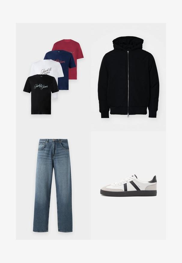 Crna kapuška jakna s prednjim zatvaračem, kenguru džepom, rebrastim manžetama i rubom, prikazana na običnoj bijeloj pozadini.; Četiri majice kratkih rukava od pamuka u crnoj, bijeloj, mornarsko plavoj i burgundijskoj boji. Svaka nosi natpis "Jack & Jones" ispisan u različitim fontovima na prednjoj strani.; Ravne plave traperice s izblijedjelim pranjem, s pet džepova, metalnim gumbom i petljama za remen. Strukturalna, srednje teška tkanina.; Bijele tenisice s crnim i sivim detaljima, s teksturiranim sivim zaštitnikom prstiju, crnim gumene potplate i ravnim bijelim vezicama. Čist dizajn, minimalistički stil.