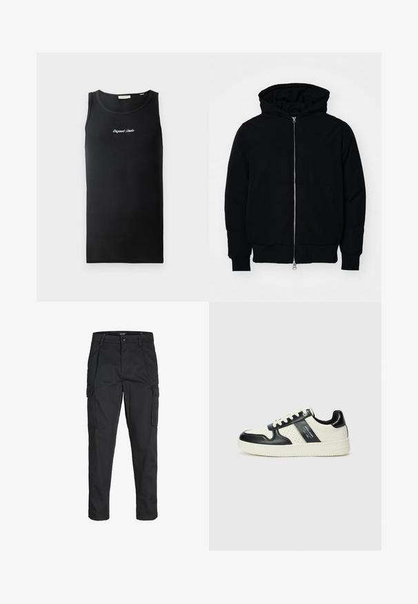 Black hooded jacket with front zipper, kangaroo pocket, ribbed cuffs, and hem, displayed on a plain white background.; Black tank top in a ribbed fabric. Features a round neckline and a small white "Originals Studio" logo on the chest.; Black cargo pants made of sturdy fabric, featuring multiple pockets, a button closure, and a slim fit design with tapered legs.; Leather sneakers with a black and cream color scheme, featuring perforated accents, a padded collar, and a textured outsole.