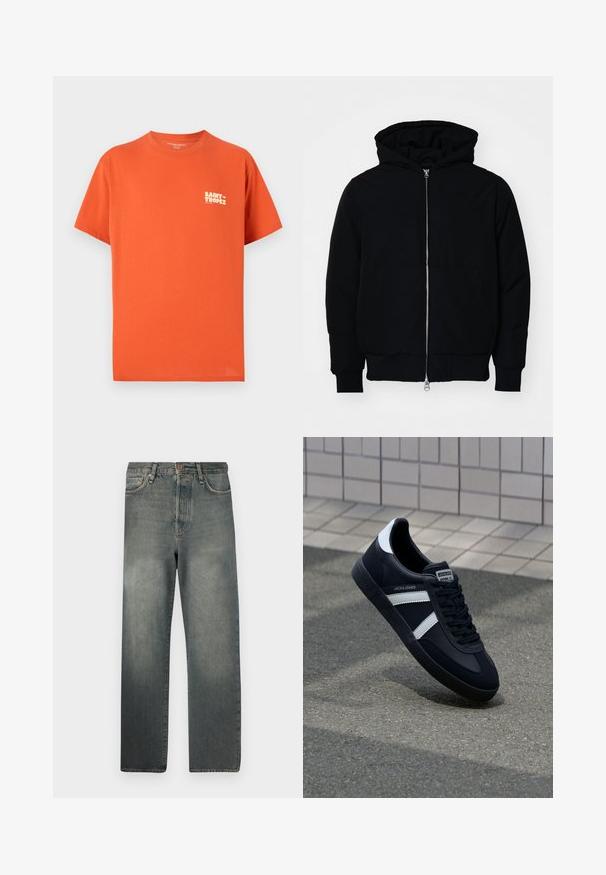 Černá kapucňová bunda s předním zipem, klokaní kapsou, vroubkovanými manžetami a spodním lemem, vystavená na čistém bílém pozadí.; Krátký rukáv oranžové tričko vyrobené z bavlny, s malým bílým logem "SAINT-TROPEZ" na levém hrudi. Rovný střih a měkká textura.; Jack & Jones JJIALEX JJCOOPER - Baggy džíny - black denim; Černé kožené tenisky s bílými pruhy, texturovanou gumovou podrážkou a šněrováním vpředu. Obsahují značenou etiketu na jazyku.