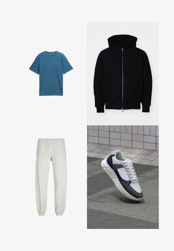 Jachetă neagră cu glugă, cu fermoar în față, buzunar tip kangaroo, mansete și tiv ribbed, prezentată pe un fundal alb simplu.; Tricou din bumbac albastru, cu mâneci scurte și guler rotund. Prezintă un mic logo alb în zona stângă a pieptului. Design simplu, fără modele.; Pantaloni de trening albi, realizati dintr-un textile moale, avand talie elastica si mansete, cu o textura fina si un design lejer.; Tenisi albi, bleumarin și gri, cu un design din materiale mixte, având un superior texturat, șireturi plate și o talpă căptușită.
