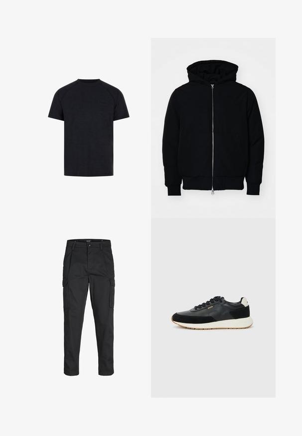 Chaqueta negra con capucha, cierre frontal, bolsillo tipo canguro, y puños y dobladillo acanalados, exhibida sobre un fondo blanco liso.; Camiseta negra de cuello redondo hecha de una tela suave. Presenta mangas cortas tipo raglán y un sutil logotipo en relieve en la zona del pecho.; Pantalones cargo negros hechos de tela resistente, que cuentan con múltiples bolsillos, un cierre de botón y un diseño de corte slim con piernas ajustadas.; Zapatilla negra que presenta una combinación de cuero texturizado y ante, con una entresuela blanca y una suela de goma color caramelo. Cordones en negro a juego.