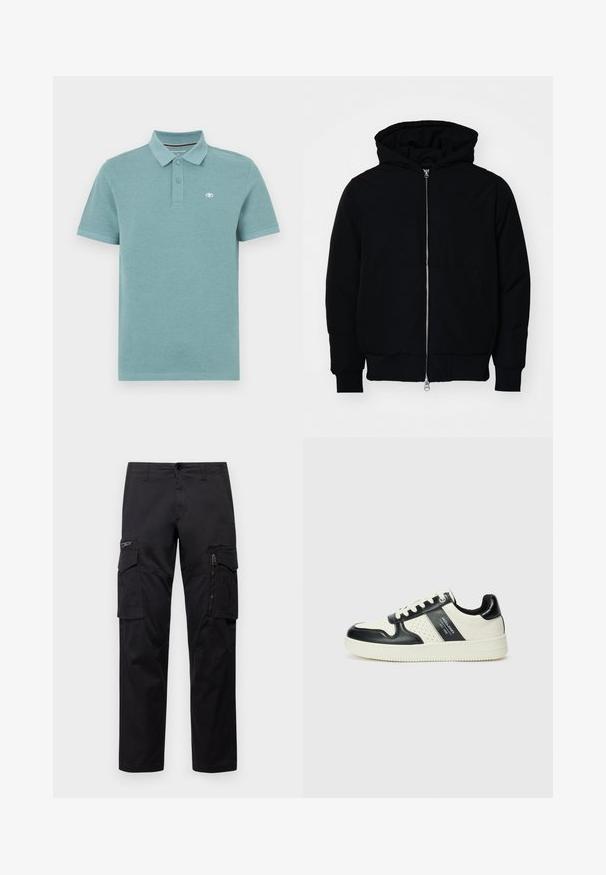 Črna kapuca jakna s sprednjim zadrgo, kenguru žepom, rebrastimi manšetami in hemom, razstavljena na enostavni beli ozadju.; Polo majica v svetlo teal barvi, kratki rokavi, polo ovratnik z dvema gumboma, ima majhen logotip na levem prsnem delu, gladka bombažna tkanina.; Črne cargo hlače z več žepi, z zadrgo na stegnu, ravnim krojem in trdnim bombažnim materialom z rahlo sijajem.; Usnjeni športni čevlji z črno in krem barvno shemo, ki vključujejo perforirane dodatke, podložen ovratnik in strukturirano podplat.