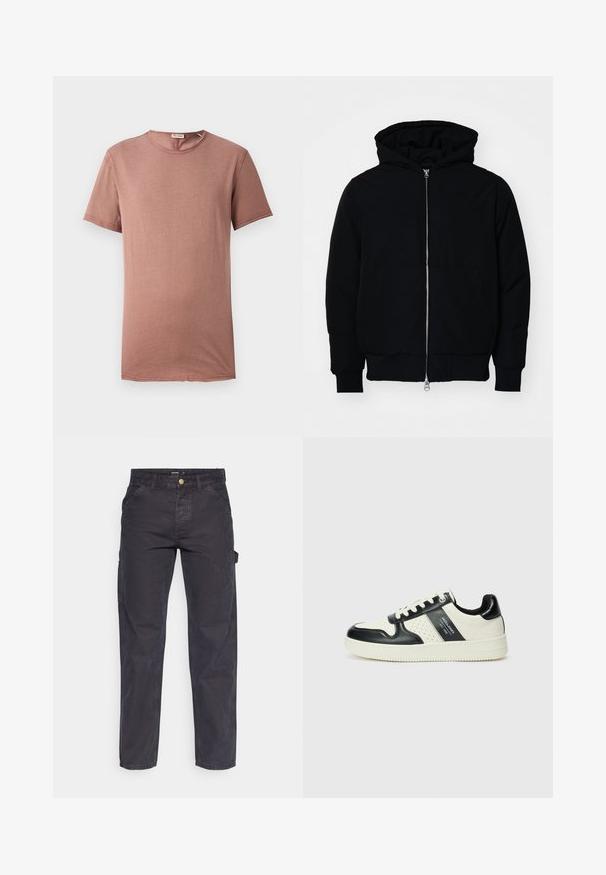 Veste à capuche noire avec fermeture éclair sur le devant, poche kangourou, poignets et ourlet côtelés, présentée sur un fond blanc uni.; T-shirt à manches courtes et col rond en rose poussiéreux. Tissu doux avec un minimum de détails et une coupe droite, adapté pour un port décontracté.; Pantalons cargo gris foncé en tissu durable, avec une coupe droite, cinq poches et une fermeture à bouton à la taille.; Baskets en cuir avec un schéma de couleurs noir et crème, dotées d'accents perforés, d'un col rembourré et d'une semelle texturée.