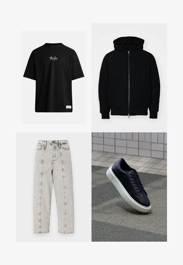 Schwarze Kapuzenjacke mit Frontreißverschluss, Kängurutasche, gerippten Bündchen und Saum, auf einem schlichten weißen Hintergrund präsentiert.; Schwarzes Kurzarm-T-Shirt aus Baumwolle. Hat ein kleines weißes Logo auf der Brust und ein rechteckiges Etikett unten rechts.; Graue hochtaillierte Jeans mit lockerer Passform, im gerade geschnittenen Design, sichtbaren Nähten und einem destroyierten Look.; Schwarze Leder-Sneaker mit runder Zehenpartie und weißer Gummisohle. Verfügt über flache Schnürsenkel und minimale Nähte im Obermaterial. Strukturiertes Sohlenprofil für besseren Halt.