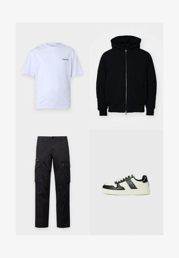 Mustaga kapuutsiga jakk, millel on esineed, kenguru tasku, soonikkoes, ja alläär, esitatud lihtsal valgel taustal.; Valge puuvillane T-särk lühikeste varrukatega, ümar kaelus ja must prinditud "Club1990" vasakul rinnapiiril. Rikkaliku lõikega.; Mustad mustree püksid, millel on mitu taskut, lukuulukuga tasku reie peal, sirge lõige ja tugevast puuvillast materjal, millel on kerge läige.; Nahatud nahkkingad musta ja kreemi värviskeemiga, millel on perforeeritud aktsendid, pehme krae ja tekstureeritud tallad.