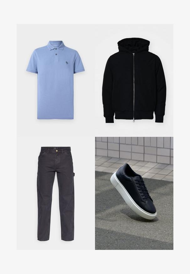 Sort hættejakke med frontlynlås, kængurulomme, ribbede manchetter og kant, præsenteret på en ensfarvet hvid baggrund.; Lyseblå polo t-shirt lavet af tekstureret stof, der har en klassisk krave, to knaplukninger og et lille broderet logo på brystet.; Mørkegrå cargo-bukser lavet af slidstærkt stof, med lige ben, fem lommer og en knaplukning i taljen.; Sort lædersneaker med rund tå og hvid gummisål. Har flade snørebånd og minimal syning på overdelen. Tekstureret sål for bedre greb.