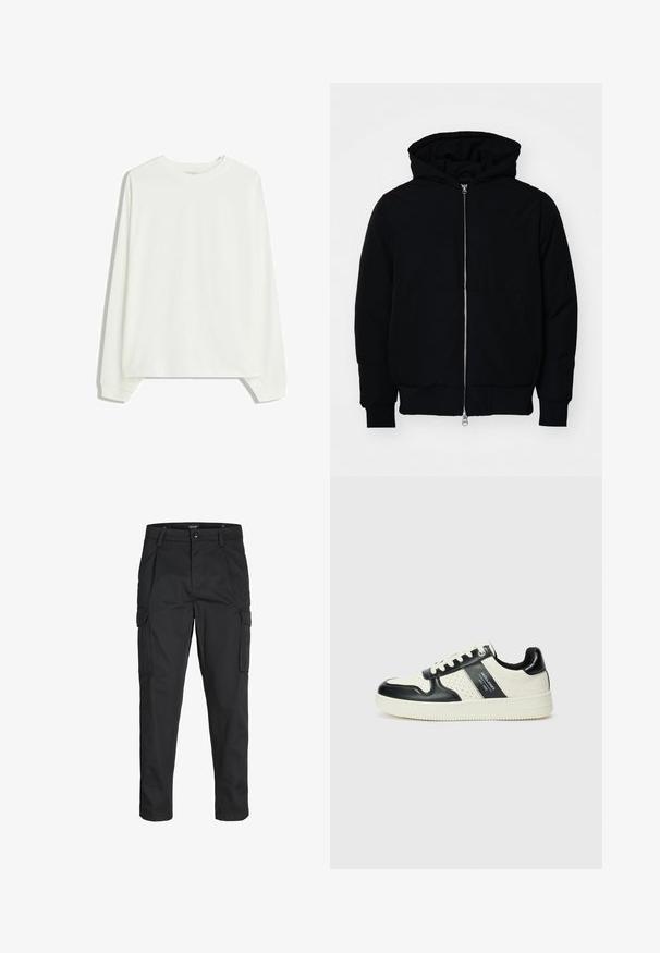 Černá kapucňová bunda s předním zipem, klokaní kapsou, vroubkovanými manžetami a spodním lemem, vystavená na čistém bílém pozadí.; Jednoduché bílé tričko s dlouhými rukávy a kulatým výstřihem, s žebrovanými manžetami a volným střihem, vystavené na bílém pozadí.; Černé cargo kalhoty vyrobené z odolné tkaniny, s mnoha kapsami, knoflíkovým zapínáním a slim fit střihem se zúženými nohavicemi.; Kožené tenisky s černobílou barevnou kombinací, které mají perforované detaily, polstrovaný límec a texturovanou podrážku.