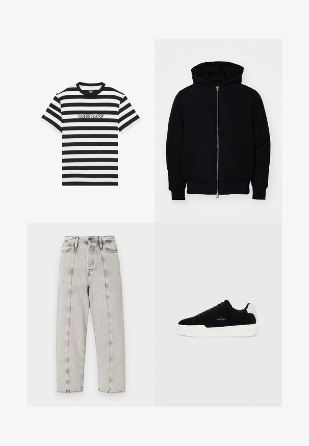Melna kapucēta jaka ar priekšējo rāvējslēdzēju, kenguru kabatu, ribinātām aprocēm un apakšmalu, parādīta uz vienkārša balta fona.; Melnā un baltā svītraina T-kreklu, kas izgatavots no kokvilnas, ar apļa kakla izgriezumu un izšūtu "GUESS JEANS" logotipu priekšpusē.; Pelēki augsta jostasvieta džinsi ar brīvu piegriezumu, ar taisnu kāju dizainu, redzamām dūrēm un nolietotu tekstūru.; Melni zema profila sporta apavi ar baltu zoli un papēdi, ar šņorēm priekšpusē un Calvin Klein logo sānos.