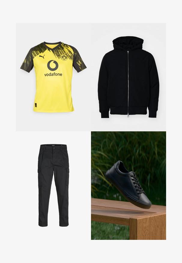 Svart hettejakke med frontglidelås, kengurulomme, ribbestrikket mansjetter og søm, vist på en ensfarget hvit bakgrunn.; Gul fotbaltrøye med svarte detaljer. Har V-hals, stilisert design ved skuldrene, Vodafone-logo og Borussia Dortmund-merke.; Sorte cargo bukser laget av slitesterkt stoff, med flere lommer, knappelukking og en slim fit-design med avsmalnede ben.; Sorte lærersneakers med en glatt tekstur, rund tå og flate lisser, plassert over en treoverflate med grønt gress i bakgrunnen.