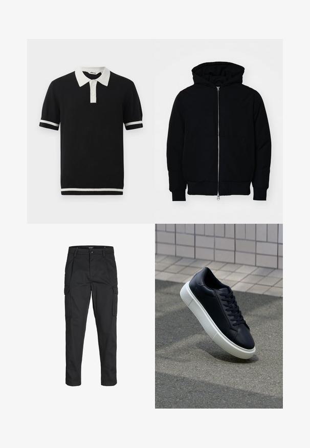 Crna kapuška jakna s prednjim zatvaračem, kenguru džepom, rebrastim manžetama i rubom, prikazana na običnoj bijeloj pozadini.; Crna kratka majica s ovratnikom, s bijelim ovratnikom, dva bijela gumba i bijelim trakama na rukavima i rubu.; Crne cargo hlače izrađene od čvrstog materijala, s brojnim džepovima, kopčanjem na gumb i dizajnom koji pomaže da se prilagode tijelu sa suženim nogavicama.; Crne kožne tenisice s zaobljenim vrhom i bijelim gumiranim potplatom. Imaju ravne vezice i minimalno šivanje na gornjem dijelu. Teksturirani potplat za bolje prianjanje.