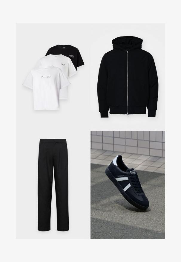 Juodas gobtuvėlis su priekiniu užtrauktuku, kengūros tipo kišene, lygiais rankogaliais ir apvadu, pateiktas ant vientiso balto fono.; Tris marškinėlių pakuotėje: vieni juodi, du balti. Trumpomis rankovėmis, apykaklė su apvaliu iškirpimu, ant krūtinės yra teksto grafika kontrastingomis spalvomis. Pagaminti iš medvilnės.; Juodi kelnių modeliai, pagaminti iš lygios medžiagos, turi tiesią kojas, du priekiniai klostės ir standartinę juosmenį su diržo kilpomis.; Juodas odinis sportinis batelis su baltais dryžiais, tekstūruota gumine padais ir raišteliais priekyje. Yra prekės ženklą žymintis etiketė ant liežuvio.