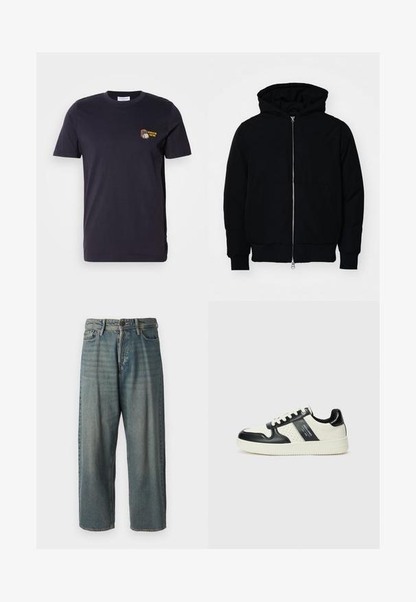 Jachetă neagră cu glugă, cu fermoar în față, buzunar tip kangaroo, mansete și tiv ribbed, prezentată pe un fundal alb simplu.; Tricou din bumbac de culoare bleumarin închis, cu mâneci scurte și guler rotund. Prezintă un mic design brodat cu text în zona stângă a pieptului.; Jeans din denim bleu deschis, cu o croială lejeră, talie medie și picioare drepte. Au cinci buzunare, bucle pentru curea și închidere cu nasture.; Tenisi din piele cu un scheme de culori negru și crem, dotati cu accente perforate, guler căptușit și o talpă texturată.