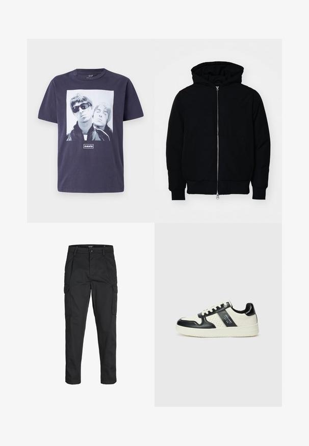 Crna kapuška jakna s prednjim zatvaračem, kenguru džepom, rebrastim manžetama i rubom, prikazana na običnoj bijeloj pozadini.; Tamno plava pamučna majica s velikim grafičkim otiskom dva muška lika. Tekst "oaza" je centriran ispod slike. Kratki rukavi, okrugli izrez.; Crne cargo hlače izrađene od čvrstog materijala, s brojnim džepovima, kopčanjem na gumb i dizajnom koji pomaže da se prilagode tijelu sa suženim nogavicama.; Kožne tenisice s crno-bijelom paletom boja, koje imaju perforirane akcentne detalje, podstavljeni ovratnik i teksturiranu potplat.