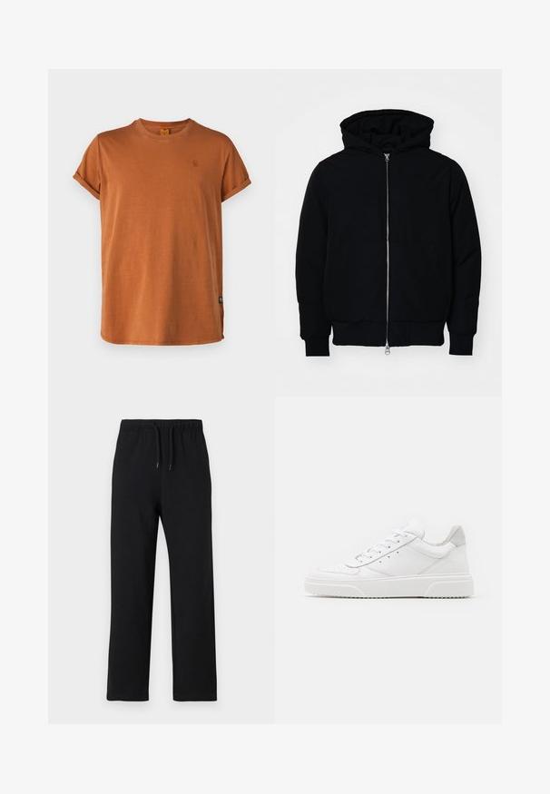 Černá kapucňová bunda s předním zipem, klokaní kapsou, vroubkovanými manžetami a spodním lemem, vystavená na čistém bílém pozadí.; G-STAR LASH - Jednoduché tričko - rodeo; Jack & Jones JPSTKANE JJCHARGE UNCUFFED - Teplákové kalhoty - black; Bílé kožené tenisky s hladkým povrchem, zaoblenou špičkou, plochými tkaničkami a texturovanou podrážkou. Šedý semišový detail na patě.