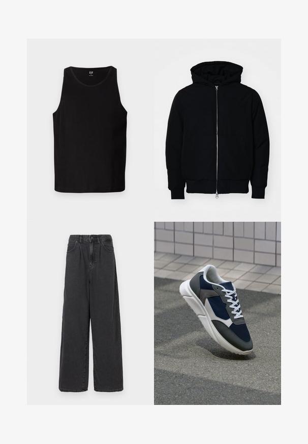 Chaqueta negra con capucha, cierre frontal, bolsillo tipo canguro, y puños y dobladillo acanalados, exhibida sobre un fondo blanco liso.; Top de tanque negro con relieve, con amplios orificios para los brazos y un escote redondeado. Presenta una textura de tela suave y un logo sutil en la parte delantera.; Pantalones de denim negros de tiro alto y pierna ancha, con cierre de botón y cremallera en el frente, que cuentan con bolsillos laterales y una textura suave.; Zapatillas con una parte superior de malla azul marino, detalles en gamuza gris, suela de goma blanca y cordones blancos planos, diseñadas para la comodidad y transpirabilidad.