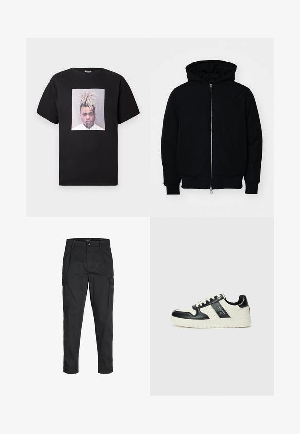 Juodas gobtuvėlis su priekiniu užtrauktuku, kengūros tipo kišene, lygiais rankogaliais ir apvadu, pateiktas ant vientiso balto fono.; Juodas medvilnės marškinėliai su apvalia iškirpte, su dideliu priekinio spaudos portretu kvadratiniame rėme. Trumpomis rankovėmis, laisvas kirpimas.; Juodi krovinių tipo džinsai, pagaminti iš tvirto audinio, su keliais kišeniais, mygtuko uždarymu ir siauru, prigludusiu dizainu su siaurėjančiomis kojomis.; Odiniai sportbačiai juodos ir kreminės spalvų schemoje, su perforuotais akcentais, paminkštinta apykakle ir tekstūruotu padu.