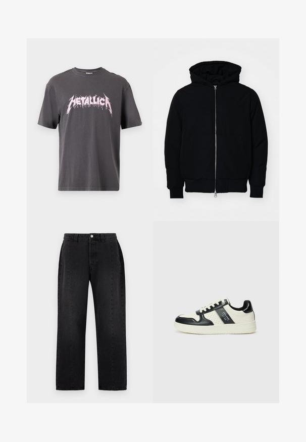 Črna kapuca jakna s sprednjim zadrgo, kenguru žepom, rebrastimi manšetami in hemom, razstavljena na enostavni beli ozadju.; Siva bomba majica iz bombaža s kratkimi rokavi, ki na prsih prikazuje velik roza logotip "METALLICA" v stilu kapljanja.; Črne jean hlače s ravnim krojem. Imajo gumbasto zapiranje, zanke za pas in dva stranska žepa. Gladka tekstura, brez vidnih vzorcev.; Usnjeni športni čevlji z črno in krem barvno shemo, ki vključujejo perforirane dodatke, podložen ovratnik in strukturirano podplat.