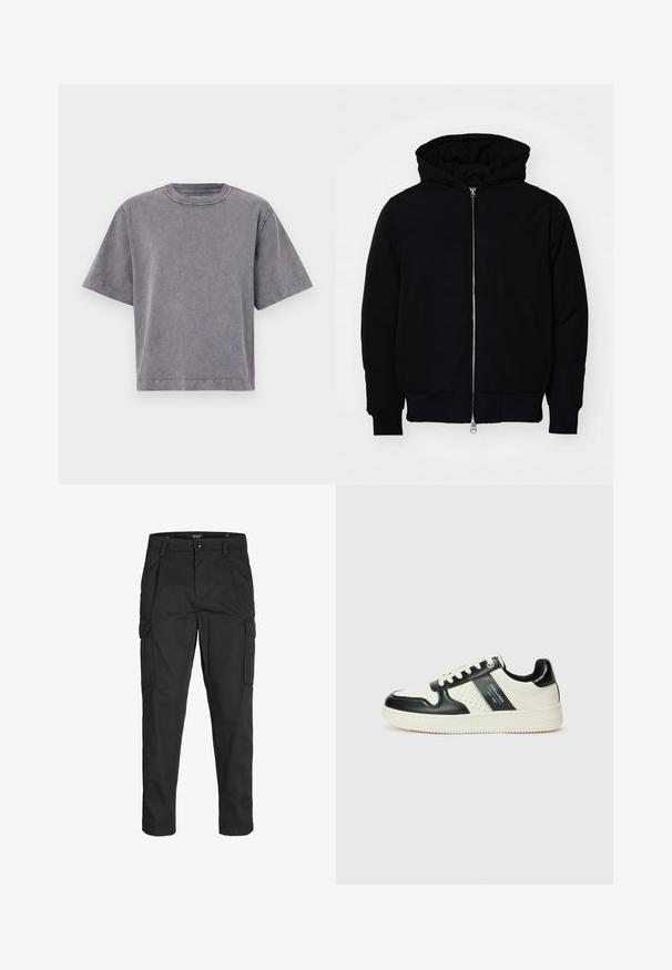 Black hooded jacket with front zipper, kangaroo pocket, ribbed cuffs, and hem, displayed on a plain white background.; Gray short-sleeve T-shirt made of soft cotton, featuring a round neckline and relaxed fit with subtle texture. No visible branding.; Black cargo pants made of sturdy fabric, featuring multiple pockets, a button closure, and a slim fit design with tapered legs.; Leather sneakers with a black and cream color scheme, featuring perforated accents, a padded collar, and a textured outsole.