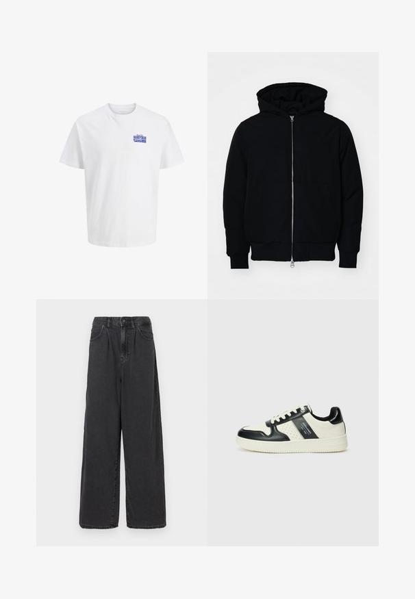Crna kapuška jakna s prednjim zatvaračem, kenguru džepom, rebrastim manžetama i rubom, prikazana na običnoj bijeloj pozadini.; Bijela kratkodlaka majica s malim plavim logotipom "Majstor" na gornjem lijevom dijelu prsnog koša.; Crne traperice širokih nogavica visoko strukirane s prednjim gumbom i zatvaračem, koje imaju bočne džepove i glatku teksturu.; Kožne tenisice s crno-bijelom paletom boja, koje imaju perforirane akcentne detalje, podstavljeni ovratnik i teksturiranu potplat.