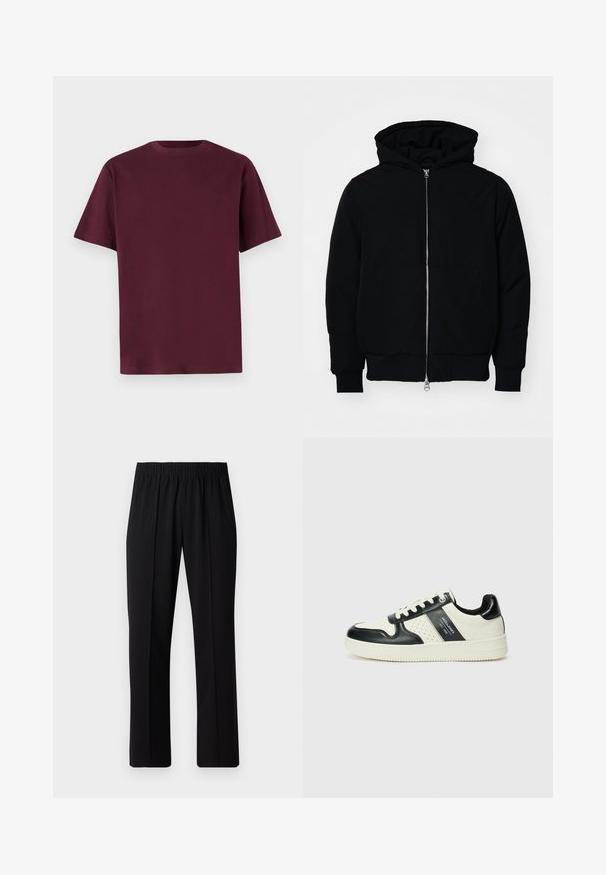 Sort hættejakke med frontlynlås, kængurulomme, ribbede manchetter og kant, præsenteret på en ensfarvet hvid baggrund.; Bordeaux bomulds t-shirt med korte ærmer, rund halsudskæring og en glat tekstur. Enkel design uden mønstre eller yderligere detaljer.; Sorte bukser med elastisk talje og lige ben, der har en glat tekstur og ingen synlige mønstre eller hardware.; Lædersneakers i sort og creme farveskema, med perforerede detaljer, en polstret krave og en struktureret ydersål.