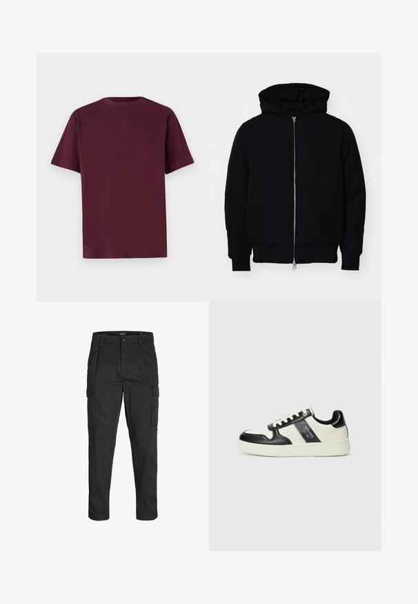 Black hooded jacket with front zipper, kangaroo pocket, ribbed cuffs, and hem, displayed on a plain white background.; Burgundy cotton t-shirt with short sleeves, crew neck, and a smooth texture. Simple design with no patterns or additional details.; Black cargo pants made of sturdy fabric, featuring multiple pockets, a button closure, and a slim fit design with tapered legs.; Leather sneakers with a black and cream color scheme, featuring perforated accents, a padded collar, and a textured outsole.