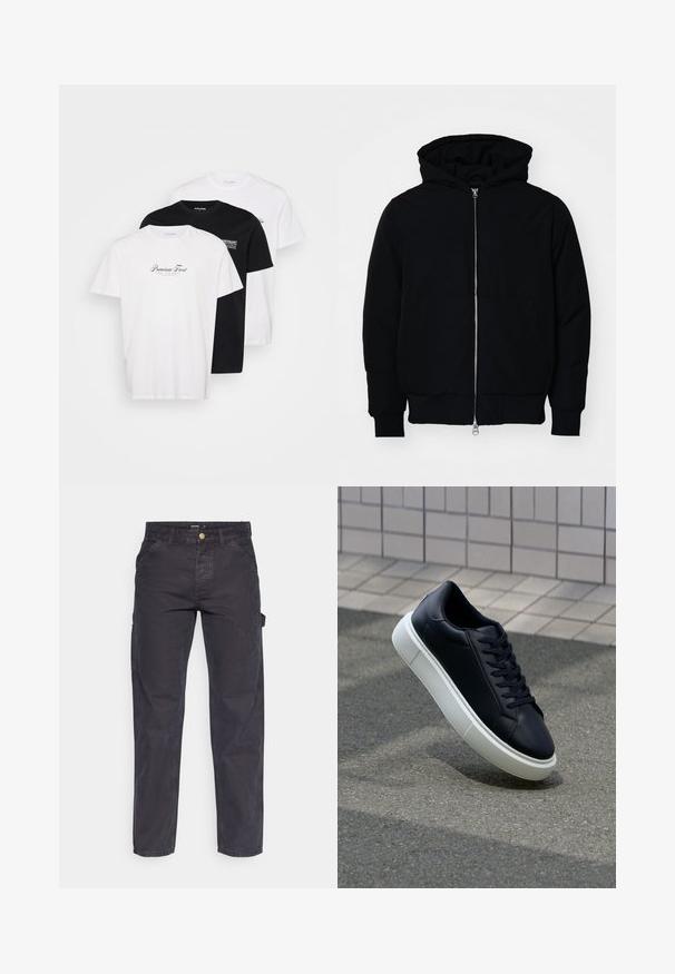 Melna kapucēta jaka ar priekšējo rāvējslēdzēju, kenguru kabatu, ribinātām aprocēm un apakšmalu, parādīta uz vienkārša balta fona.; Trīs t-krekli iepakojumā, divi balti un viens melns. Kokvilnas materiāls, apaļa kakla izgriezne, īsas piedurknes, ar apdrukātu tekstu priekšpusē.; Tumši pelēki kravas bikses, kas izgatavotas no izturīga auduma, ar taisnu piegriezumu, piecām kabatām un pogu aizdari viduklī.; Melnas ādas kedas ar noapaļotu pirkstu un baltu gumijas zoli. Iespējas - plakanas šņorītes un minimāla apdare augšdaļā. Struktūrēta zole, lai nodrošinātu saķeri.