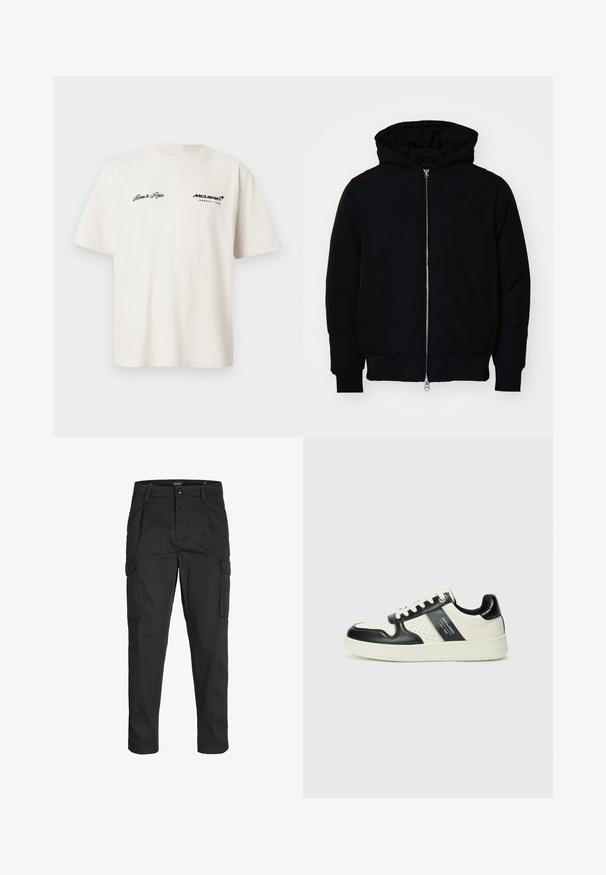Black hooded jacket with front zipper, kangaroo pocket, ribbed cuffs, and hem, displayed on a plain white background.; White short-sleeve t-shirt made of cotton with black text: "Born to Race" on the left and "McLaren Formula 1 Team" on the right.; Black cargo pants made of sturdy fabric, featuring multiple pockets, a button closure, and a slim fit design with tapered legs.; Leather sneakers with a black and cream color scheme, featuring perforated accents, a padded collar, and a textured outsole.