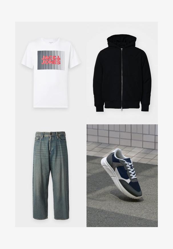 Crna kapuška jakna s prednjim zatvaračem, kenguru džepom, rebrastim manžetama i rubom, prikazana na običnoj bijeloj pozadini.; Bijela pamučna majica s pravokutnim grafikonom koji ima tamnoplave okomite pruge i tekst "JACK & JONES" u podebljanim crvenim slovima.; Svijetloplave traperice s širokim krojem, srednjim pojasom i ravnim nogavicama. Ima pet džepova, petlje za remen i kopčanje na gumb.; Tenisice s gornjim dijelom od mrežastog materijala tamnoplave boje, siva antilopova naglašavanja, bijela gumena potplat i ravne bijele vezice, dizajnirane za udobnost i prozračnost.