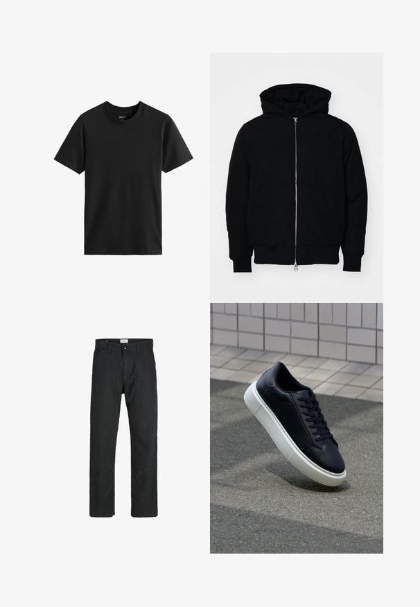 Mustaga kapuutsiga jakk, millel on esineed, kenguru tasku, soonikkoes, ja alläär, esitatud lihtsal valgel taustal.; Must have muströiga lühikeste varrukatega ümardatud kaelusega T-särk, mis on valmistatud puuvillast. Sile tekstuur ja sirge lõige, lihtne disain ilma nähtavate mustrite või aktsentideta.; Mustad mustad, mis on valmistatud vastupidavast kangast, sirge jala disainiga, õmmeldud detailidega ja kahe eesmise taskuga funktsionaalsuse jaoks.; Mustast nahast tennisetoss, millel on ümar nina ja valge kummist tall. Omab siredaid paelu ja minimaalset õmblemist ülemises osas. Tekstuuriga tald, mis tagab haakuvuse.