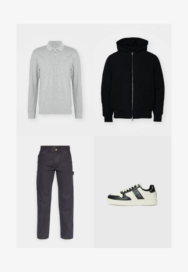 Svart huoodiejacka med framdragkedja, känguruficka, ribbade ärmslut och nederkant, uppställd mot en vit bakgrund.; Grå långärmad pikétröja i mjukt tyg; har krage, tre knappar och en diskret broderad logotyp på bröstet.; Mörkgrå cargobyxor i slitstark tyg, med rak benform, fem fickor och knappstängning i midjan.; Läder sneakers med en svart och krämfärgad färgsättning, med perforerade detaljer, en vadderad krage och en strukturerad yttersula.
