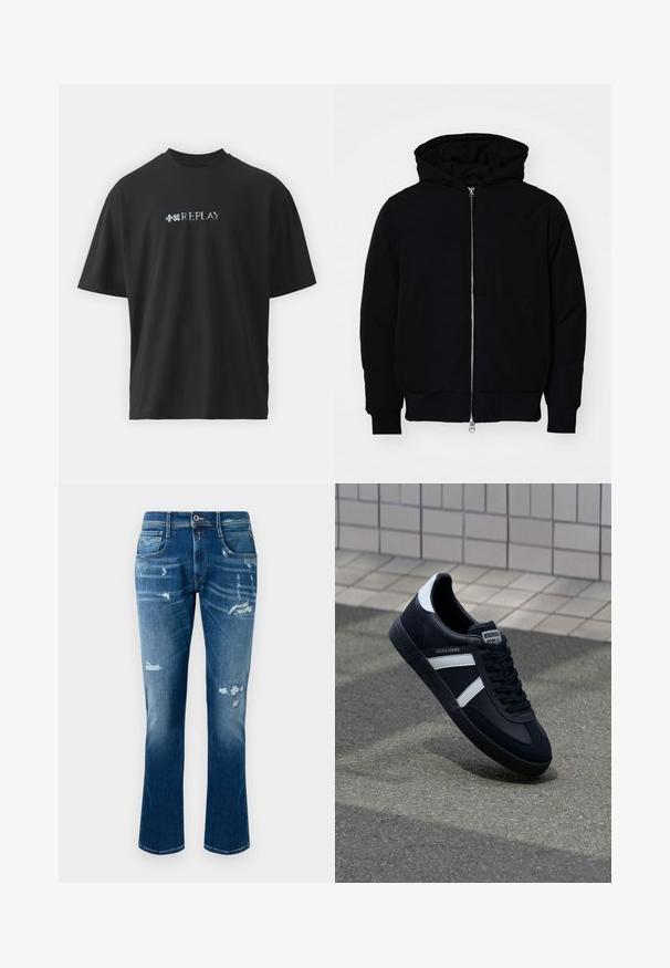 Mustat huppu-untuvatakki, jossa on vetoketju edessä, kenguru-tasku, ribatut hihansuut ja helma, esillä yksinkertaisella valkoisella taustalla.; Replay MARTIN GARRIX - Printtipaita - black; Siniset farkut, joissa on suora lahjesuunnittelu, kuluneita yksityiskohtia, revittyjä paikkoja ja klassinen viisi taskua -tyylitys.; Mustat nahkakengät valkoisilla raidoilla, teksturoitu kumipohja ja nauha edessä. Varustettu merkkitarralla kielen päällä.