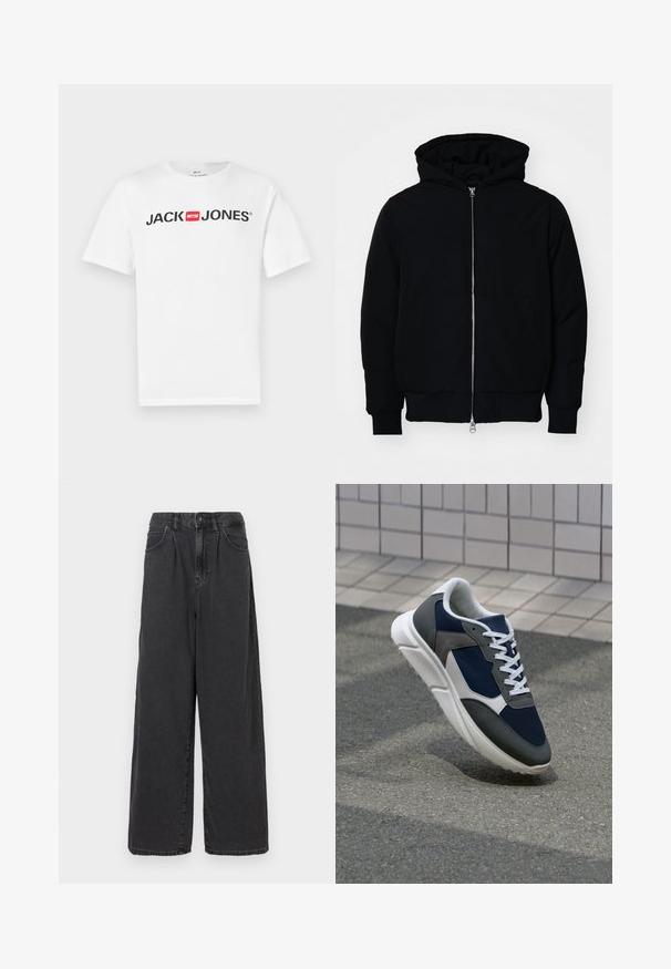 Črna kapuca jakna s sprednjim zadrgo, kenguru žepom, rebrastimi manšetami in hemom, razstavljena na enostavni beli ozadju.; Bela bombažna majica s kratkimi rokavi, z velikim črnim logotipom "JACK & JONES" in rdečim poudarkom v obliki polja. Klasičen kroj z okroglim izrezom.; Široke hlače iz črnega denima z visokim pasom, z zapiranjem na gumb in zadrgo spredaj, ki imajo stranske žepe in gladko teksturo.; Superge z zgornjim delom iz mrežaste tkanine v mornarsko modri barvi, sivi usnjeni poudarki, belo gumijasto podplato in ravnimi belimi vezalkami, zasnovane za udobje in zračnost.