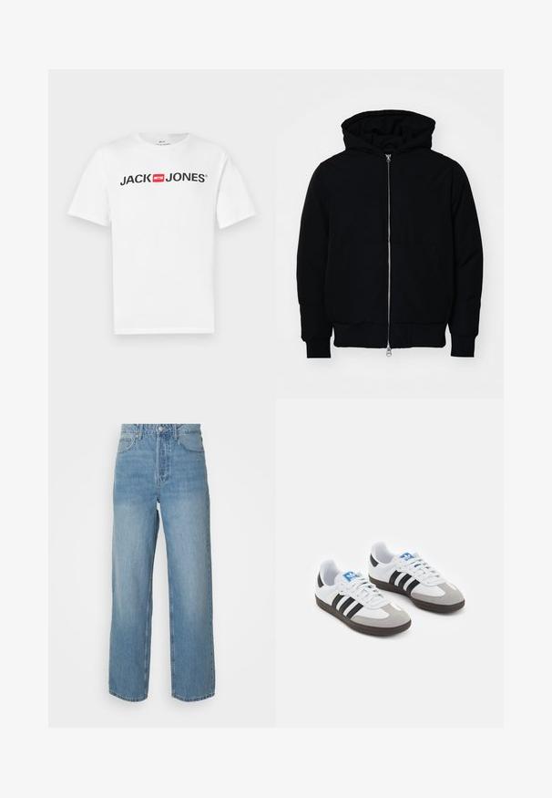 Mustaga kapuutsiga jakk, millel on esineed, kenguru tasku, soonikkoes, ja alläär, esitatud lihtsal valgel taustal.; Valge puuvillane t-särk, millel on suur must "JACK & JONES" logo punase kasti aktsendiga. Lühikesed varrukad ja klassikaline ümarsärk.; Kõrgeltistetud helesinised teksad sirgete jalgadega, ees nööbiga kinnitamine ja viie-tasku stiil pluusil taustal.; Spordijalatsid valge nahkpealsega, halli nubuk-naha otsaga ja kolme musta triibuga. Omab sinist logo keele peal ja struktureeritud kummitalda.