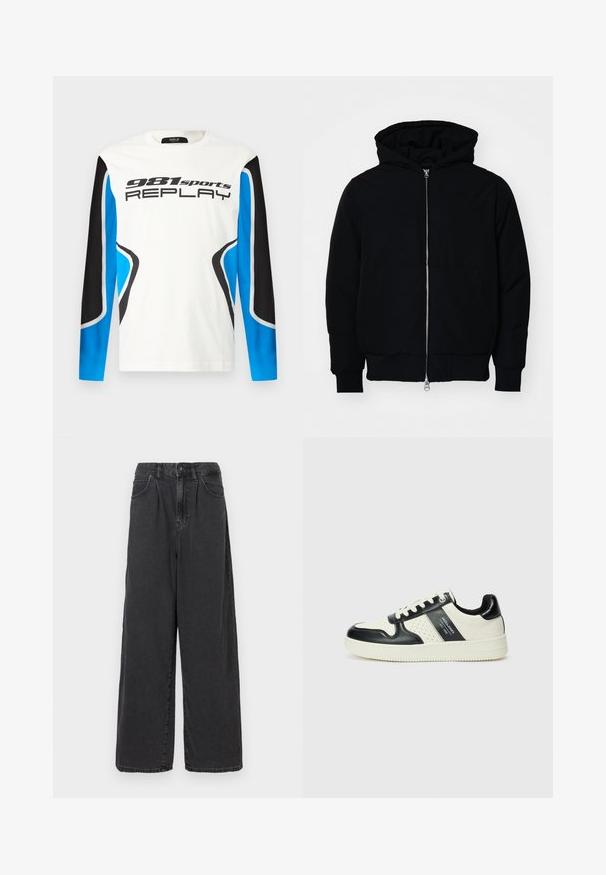 Črna kapuca jakna s sprednjim zadrgo, kenguru žepom, rebrastimi manšetami in hemom, razstavljena na enostavni beli ozadju.; Športna majica z dolgimi rokavi z belim sprednjim delom, črnimi in modrimi rokavi ter tiskanim logotipom "981 sports REPLAY" čez prsi.; Široke hlače iz črnega denima z visokim pasom, z zapiranjem na gumb in zadrgo spredaj, ki imajo stranske žepe in gladko teksturo.; Usnjeni športni čevlji z črno in krem barvno shemo, ki vključujejo perforirane dodatke, podložen ovratnik in strukturirano podplat.