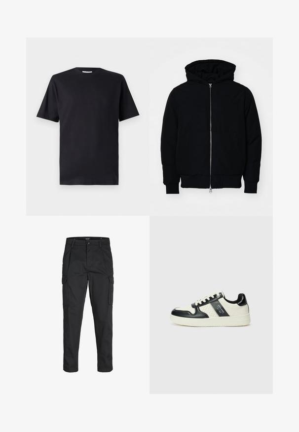 Svart huoodiejacka med framdragkedja, känguruficka, ribbade ärmslut och nederkant, uppställd mot en vit bakgrund.; Svart kortärmad t-shirt i bomull, med rund halsringning och klassisk passform, utan några mönster eller synlig branding.; Svarta cargobyxor tillverkade av hållbart tyg, med flera fickor, knappstängning och en smal passform med avsmalnande ben.; Läder sneakers med en svart och krämfärgad färgsättning, med perforerade detaljer, en vadderad krage och en strukturerad yttersula.