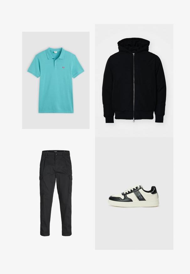 Juodas gobtuvėlis su priekiniu užtrauktuku, kengūros tipo kišene, lygiais rankogaliais ir apvadu, pateiktas ant vientiso balto fono.; Turkio spalvos polo marškiniai, pagaminti iš medvilnės, su apykakle, trimis mygtukais ir mažuoju raudonu Levi's logotipu ant krūtinės.; Juodi krovinių tipo džinsai, pagaminti iš tvirto audinio, su keliais kišeniais, mygtuko uždarymu ir siauru, prigludusiu dizainu su siaurėjančiomis kojomis.; Odiniai sportbačiai juodos ir kreminės spalvų schemoje, su perforuotais akcentais, paminkštinta apykakle ir tekstūruotu padu.