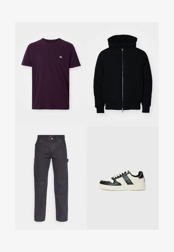 Sort hættejakke med frontlynlås, kængurulomme, ribbede manchetter og kant, præsenteret på en ensfarvet hvid baggrund.; Mørk lilla bomulds t-shirt med korte ærmer, rund halsudskæring og lille hvidt logo på venstre bryst. Blød, glat tekstur.; Mørkegrå cargo-bukser lavet af slidstærkt stof, med lige ben, fem lommer og en knaplukning i taljen.; Lædersneakers i sort og creme farveskema, med perforerede detaljer, en polstret krave og en struktureret ydersål.