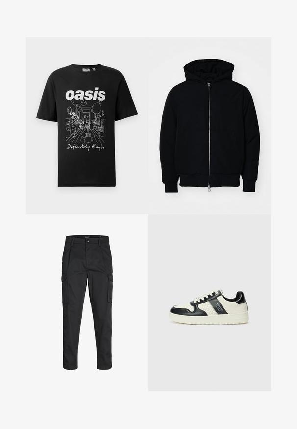 Mustat huppu-untuvatakki, jossa on vetoketju edessä, kenguru-tasku, ribatut hihansuut ja helma, esillä yksinkertaisella valkoisella taustalla.; Mustapaita, jossa on valkoinen graafinen tulostus huonetilasta ihmisineen, ja alla tekstit "oasis" ja "Definitely Maybe".; Mustat cargo-housut, jotka on valmistettu kestävästä kankaasta. Housuissa on useita taskuja, nappisulku ja kapea istuvuus, jossa on kapenevat lahkeet.; Nahkakengät musta-kerma värimaailmassa, joissa on rei'itetyt yksityiskohdat, pehmustettu nilkkaosa ja teksturoitu pohja.