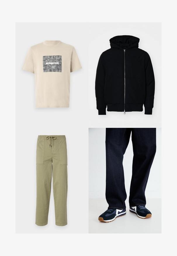 Crna kapuška jakna s prednjim zatvaračem, kenguru džepom, rebrastim manžetama i rubom, prikazana na običnoj bijeloj pozadini.; Bež majica od pamuka s grafikom u sivoj kamuflaži u obliku kvadrata na kojoj se nalazi tekst "jack&jones" i "CORE NINE ZERO". Okrugli izrez i kratki rukavi.; Svijetlo maslinasto zelene hlače od mješavine pamuka, sa elastičnom strukom i vezicom, te dva velika bočna džepa.; Morske i bijele sportske cipele s teksturiranim gornjim dijelom, vezicama i gumenenim potplatom, uparen s tamnim trapericama s narančastim šavovima.