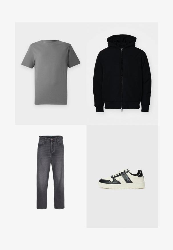 Crna kapuška jakna s prednjim zatvaračem, kenguru džepom, rebrastim manžetama i rubom, prikazana na običnoj bijeloj pozadini.; Siva majica kratkih rukava od mekog pamuka, s okruglim izrezom, glatke teksture i bez vidljivih uzoraka ili akcenata.; Tamno sivi traperice s ravnim nogavicama, visokim strukom, pet džepova i svjetlom izblijedjelošću. Metalni dugme i zatvarač na rajsferšlus.; Kožne tenisice s crno-bijelom paletom boja, koje imaju perforirane akcentne detalje, podstavljeni ovratnik i teksturiranu potplat.