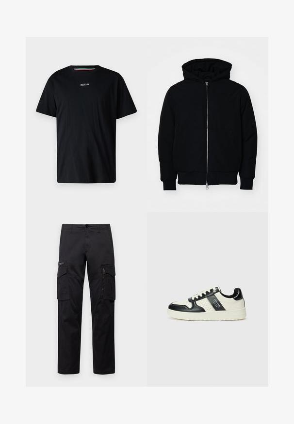 Svart huoodiejacka med framdragkedja, känguruficka, ribbade ärmslut och nederkant, uppställd mot en vit bakgrund.; Svart bomull t-shirt med rund hals och korta ärmar. Ordet "REPLAY" är broderat i vitt över bröstet.; Svarta cargobyxor med flera fickor, en blixtlåsficka på låret, rak passform och slitstigt bomullstyg med lätt glans.; Läder sneakers med en svart och krämfärgad färgsättning, med perforerade detaljer, en vadderad krage och en strukturerad yttersula.